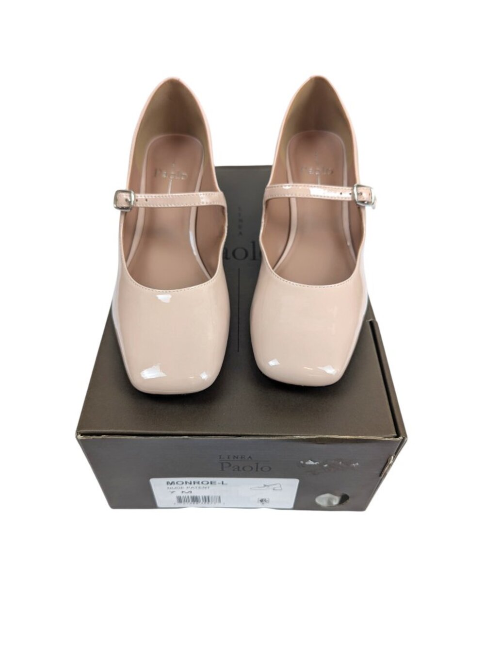 LINEA Paolo Nude Maryjanes Block Heel Shoes Patent Leather Monroe Beige Size 7 - Picture 12 of 13